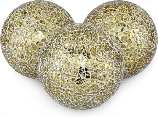 4" Decorative Orbs, Mosaic Sphere Balls, Centerpiece Balls for Bowls, Vases, Dining Table Decor, Pack of 3 (Gold)