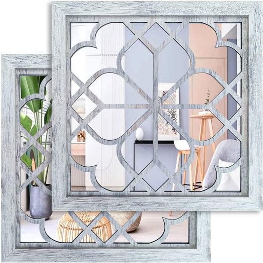 2 PCS Square Wall Mirror,Gorgeous Rustic Farmhouse Accent Mirror,Rustic White Color Entry Mirror for Bathroom Renovation,Bedrooms,Living Rooms and More(12”X12”)