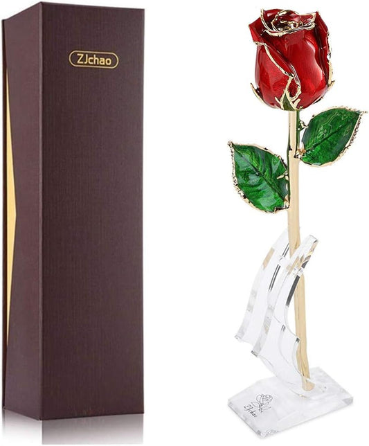 24K Budding Red Rose Christmas Gifts for Her, Dipped Gold Rose Eternity Love Real Golden Plated Preserved Eternal Flower for Wife, Mom, Grandma, Birthday, Anniversary, Wedding (Red#2)