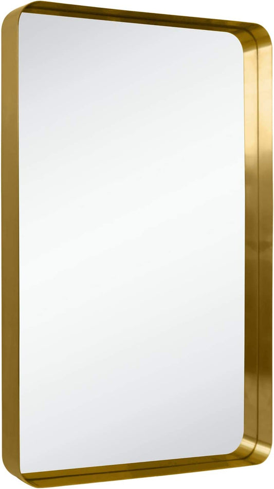 24X36 Brushed Gold Metal Framed Bathroom Mirror for Wall in Stainless Steel Rounded Rectangular Bathroom Vanity Mirrors Wall Mounted